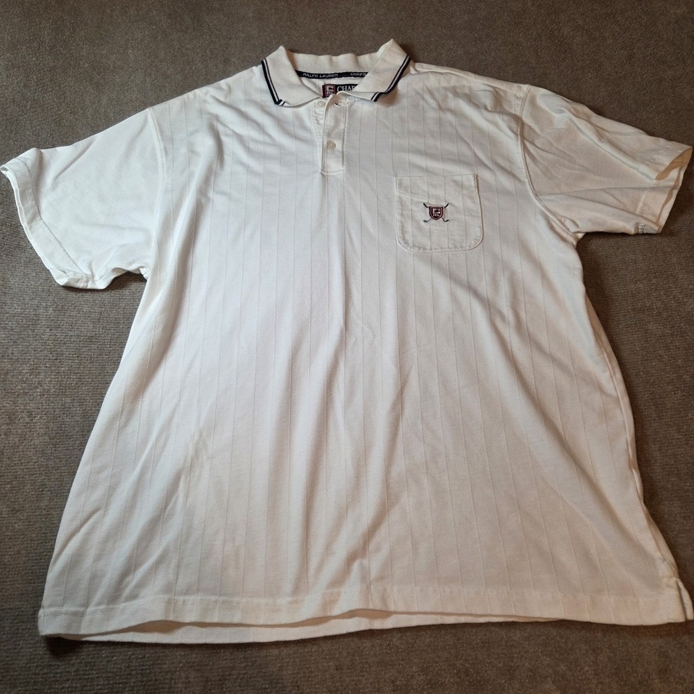 Chaps Ralph Lauren Golf Polo Shirt XL White Cotton Blend Vertical Stripes Pocket